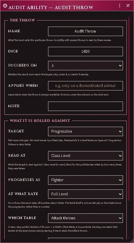 A progression throw naming a ladder the class publishes, beside the attack-throw default.