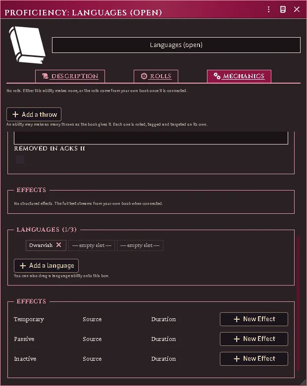 The open slots a character still has, and the tongue one of them bought — a real language document on the character.