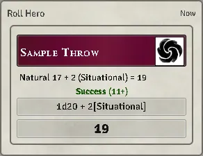The card it posts: the natural die, what was added and the total, above the dice.