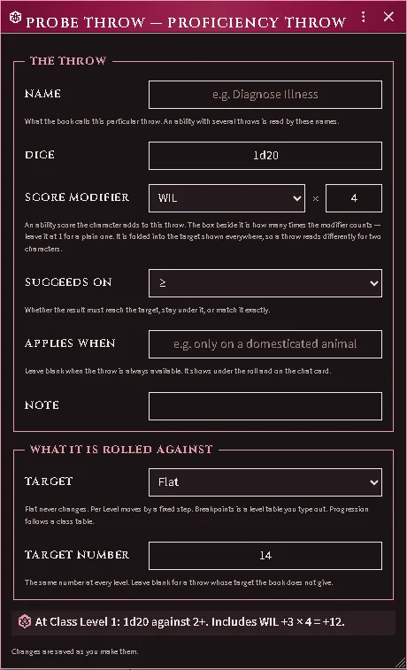 A throw taking four times the character’s Wisdom modifier. The preview at the foot of the editor shows the target it produces and names the term inside it.