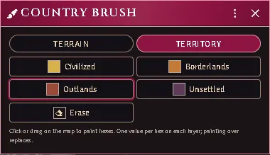 The Country brush on its Territory pill: one swatch per territory, and the eraser.