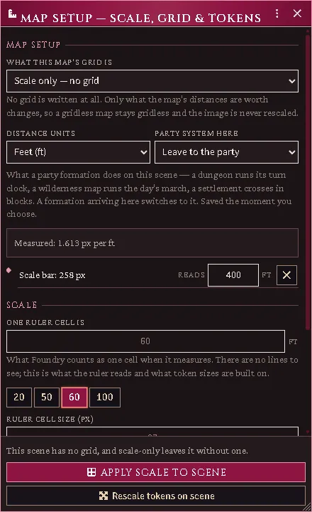 Scale only. The map’s printed bar has been dragged and told what it reads — 400 feet — on the bar’s own row, and the panel says what it measured: 1.613 pixels per foot. Below it, what one ruler cell should be worth, with