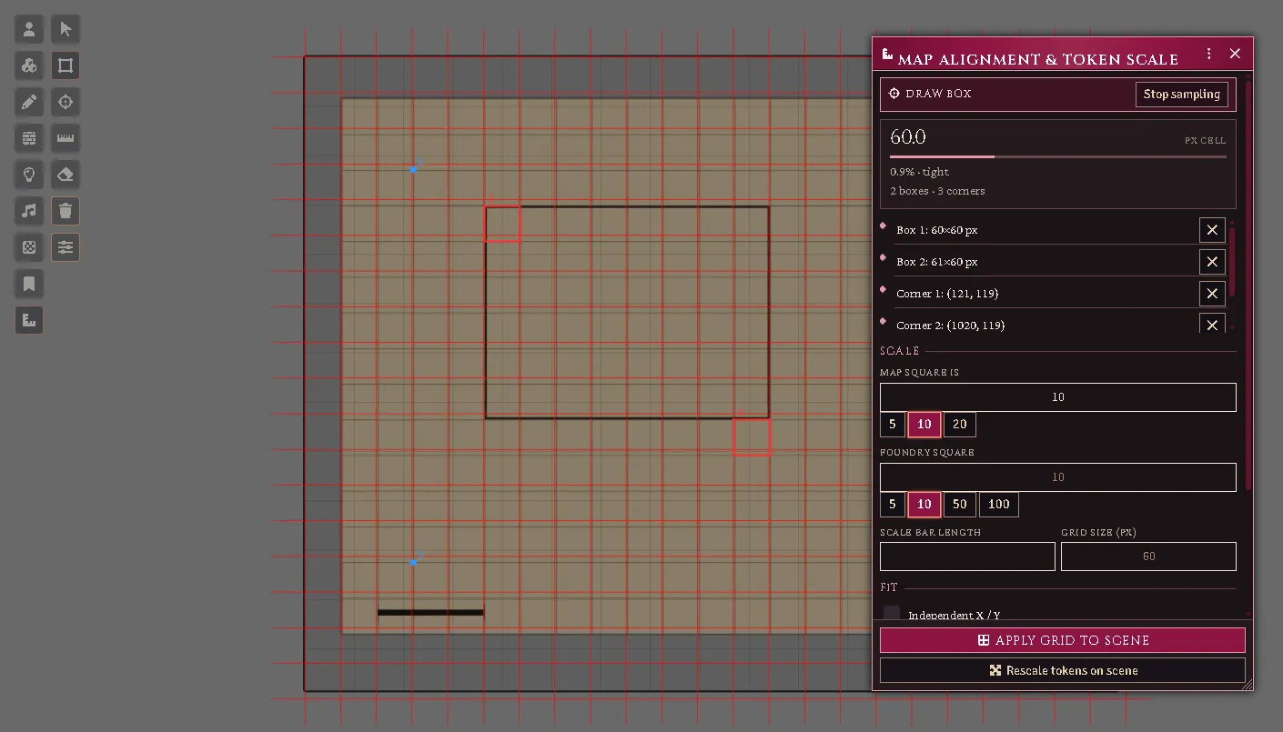 The panel is a window: it opens over the map, carries its own title bar and close button, and moves wherever you put it. Draw box is armed on the left, two boxes and three corners are sampled on the map’s own squares, an