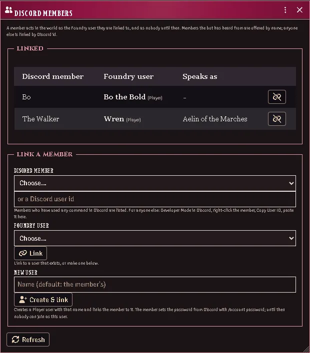 The Discord Members window: two members linked, one speaking as a character, and the row that links or creates the next