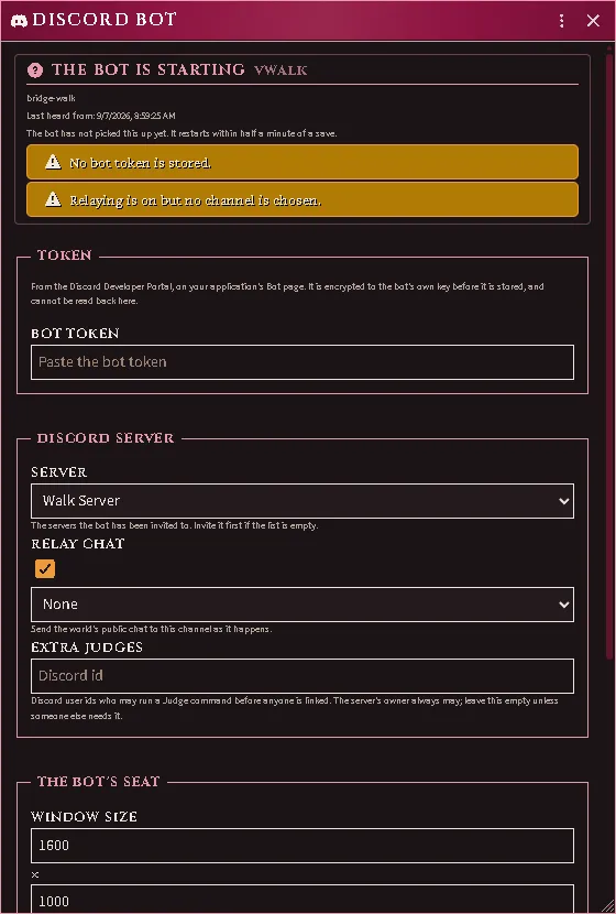 The Discord Bot window, with its servers and channels offered as dropdowns and the bot’s seat below them