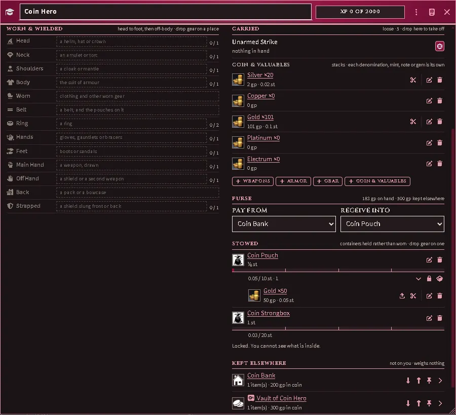 A player’s Equipment tab: the Purse rule stating what is on hand and what is kept elsewhere, a payment set to draw on the bank first and arriving coin to go into the pouch, a strongbox the player cannot open, and the two