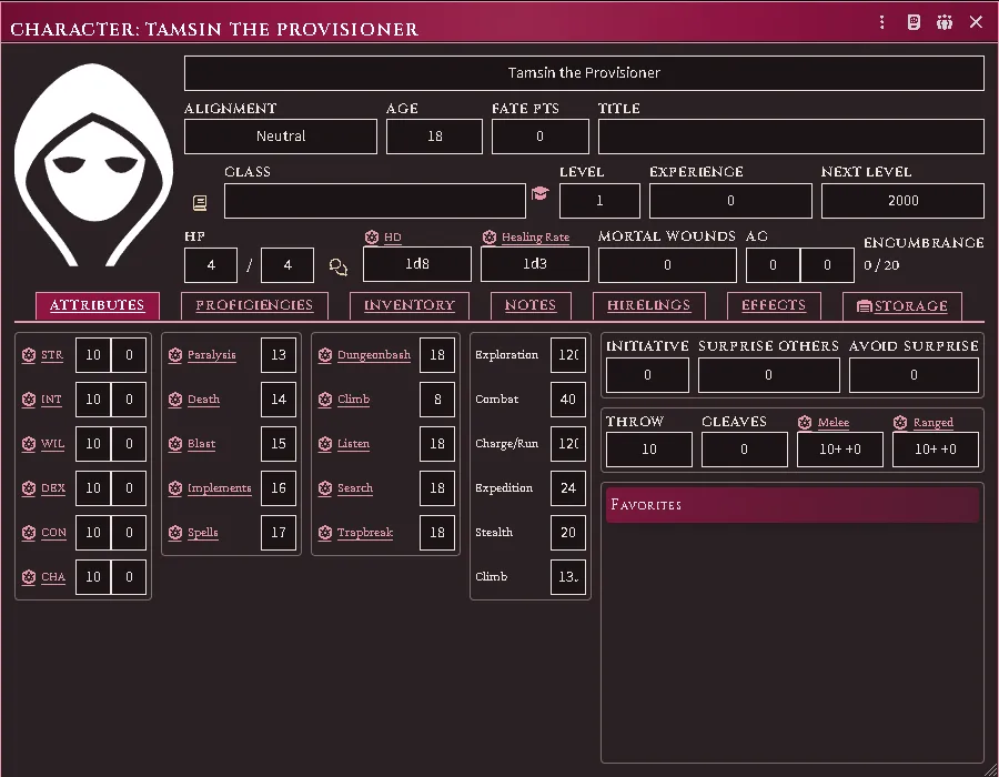 The system’s own character sheet on a dark seat, in the ACKS palette.
