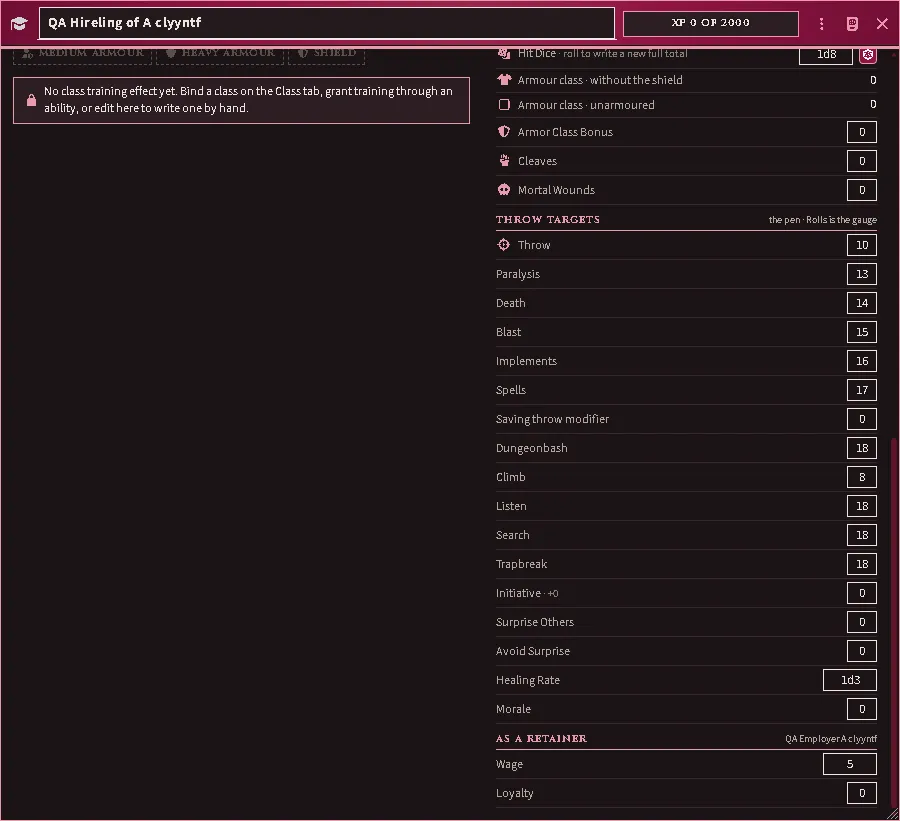 A hireling’s Stats tab: Morale closes the throw targets, with the wage and loyalty it serves for beneath.