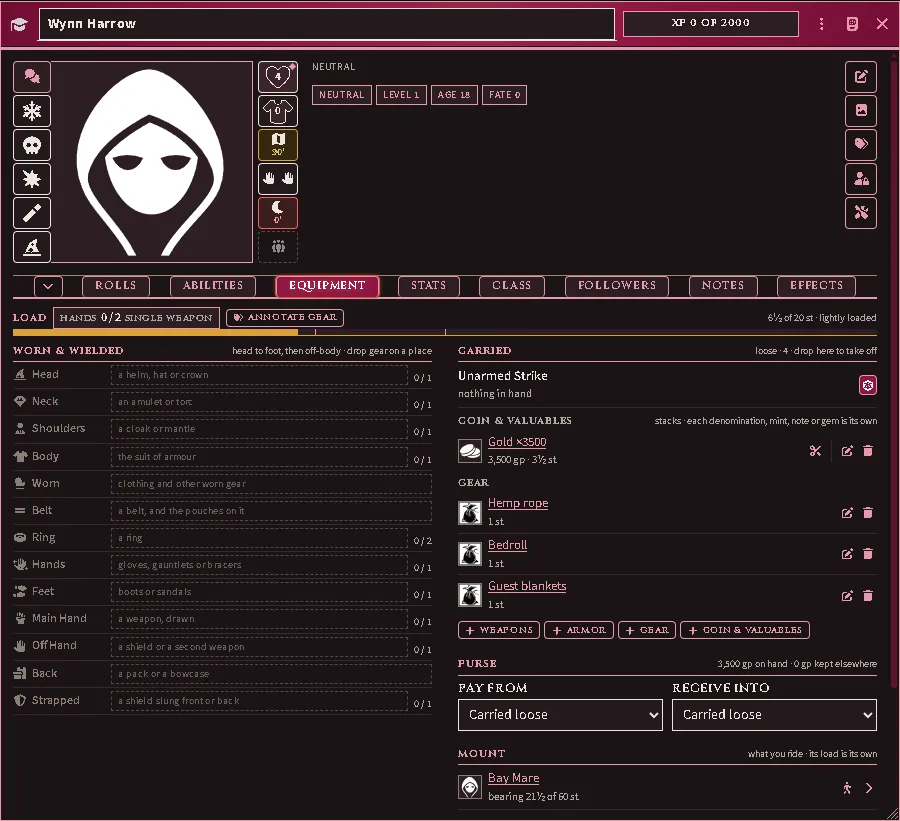 The Equipment tab from a player’s seat after an animal was dropped on the sheet: the Mount line names it, what it is bearing against what it can, and the controls to dismount and to open it.