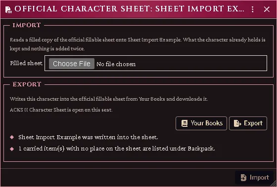 A character’s own window after an export: the sheet open from the server, and what the export wrote.