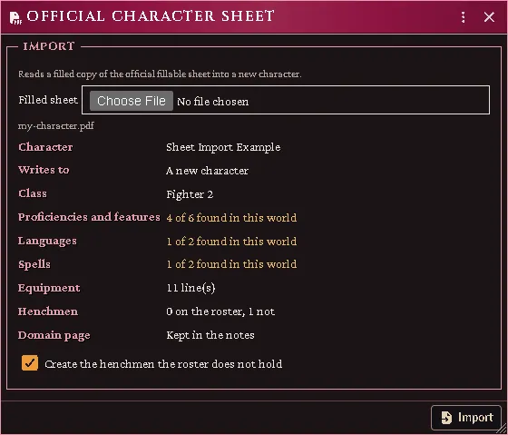 A filled sheet picked from Import sheet, before anything is written: the class and level found, how much of each list this world holds, and the henchmen box.