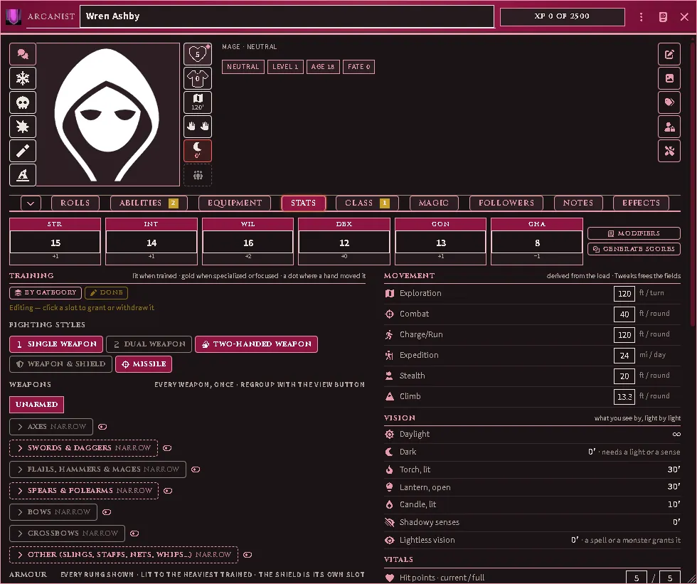 A character fresh from chargen: the class band across the header, the rails around the portrait, and the Stats tab with the Training editor armed.