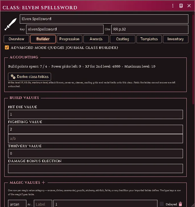 The Builder tab on an imported Ready-for-Play example: build values, the accounting line, and Derive.