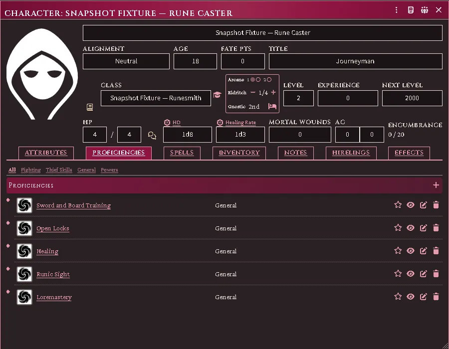 The ability list’s filter bar: fighting, thief skills, general, powers.