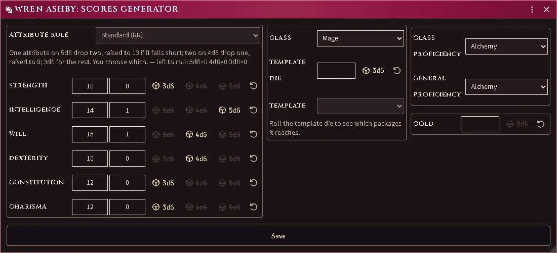 Rolling a character: the attribute rule and the scores, the class above the template die still to throw, and what is left to choose.