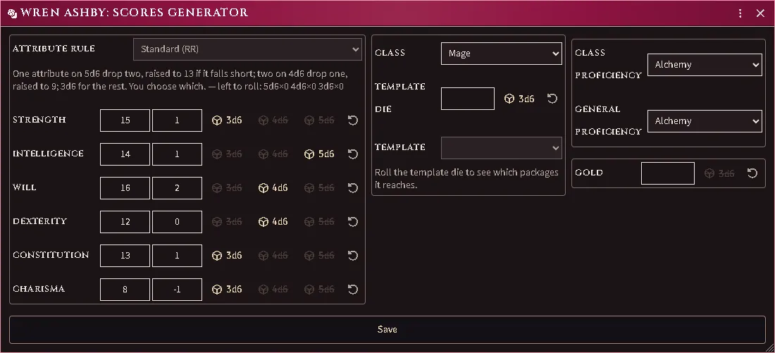 Rolling a character from the player's seat: the attribute rule stated and every die it allows spent, the class chosen above the still-unthrown template die, the proficiencies the class leaves to choose, and the starting gold still to roll