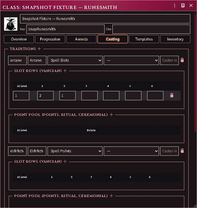 The constructor’s Casting editor: traditions, slot grid, pool schedule and caster-level ladder.