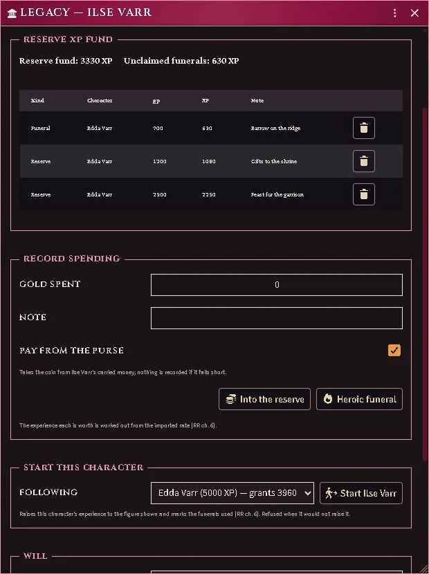 A successor's legacy window: the reserve fund and unclaimed funerals totalled over the ledger of what the fallen character spent, the controls that record spending into the reserve or a heroic funeral and take it from the purse, and the character this one follows with the experience that start grants