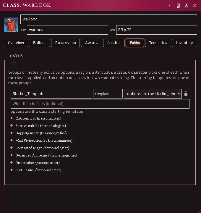 A class sheet’s Paths tab, with the Starting Template group an imported class arrives with