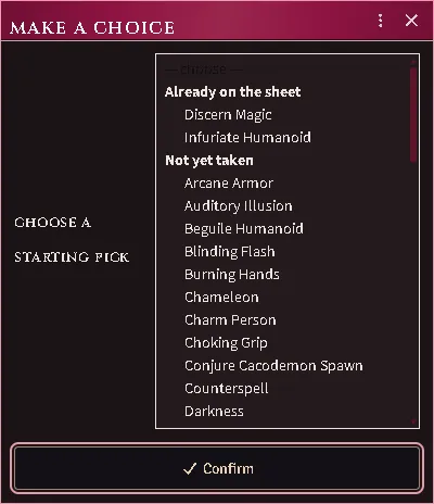 A mage template’s spell pick: first-level arcane spells, nothing above, the ones already on the sheet grouped first.