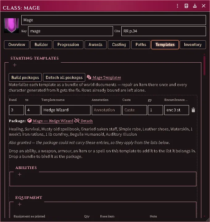 The same template once packaged: the package names what it hands over, the relinked spells among them.