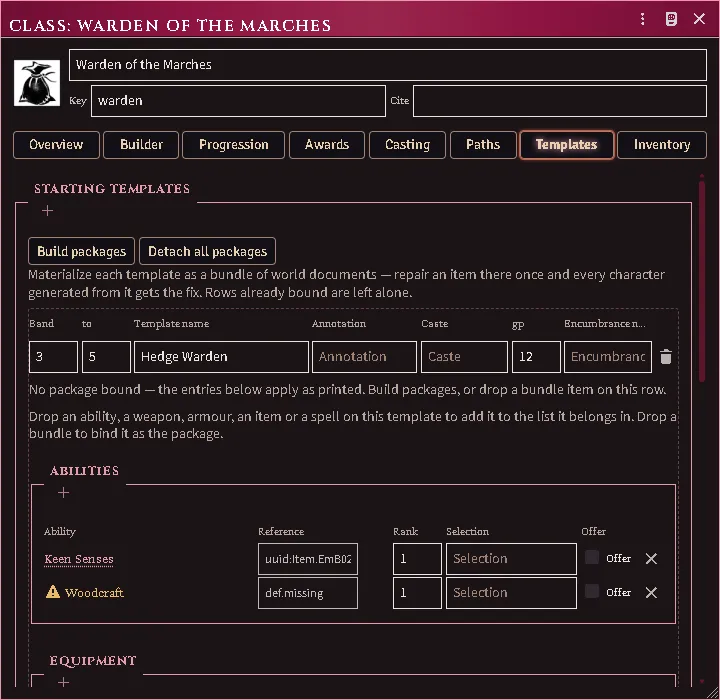 A starting template: abilities, gear and spells by name, a reference nothing answers marked, the whole row a drop zone.