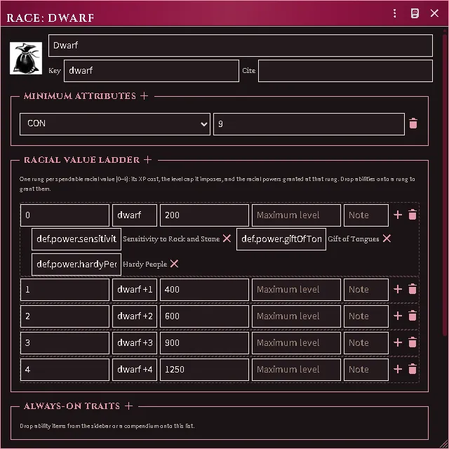 A race document’s value ladder — rung XP costs, attribute floors, and every granted power resolved to the definition its rung names.