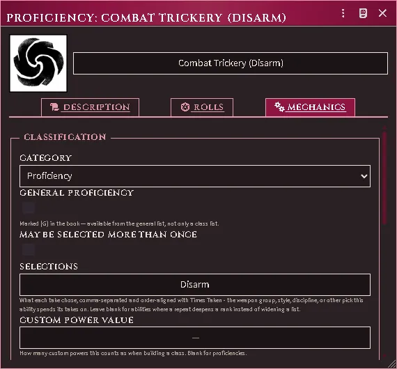 A proficiency’s Mechanics tab: classification, the selections a grant reads, and its Active Effects.