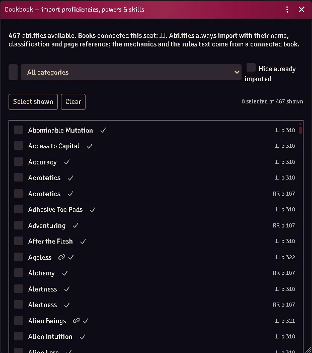 The entry picker: every ability with its book and page citation.
