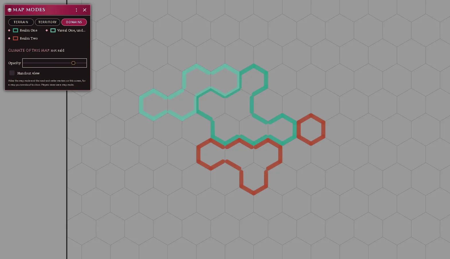 The Domains map mode: two realms and a vassal, the vassal a lighter shade of its liege, and the Map modes window’s legend.
