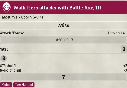 The system’s attack card for a battle axe the character is not trained in: the STR Modifier row the system adds and the Non-proficient row this module adds, summed in the formula above them.