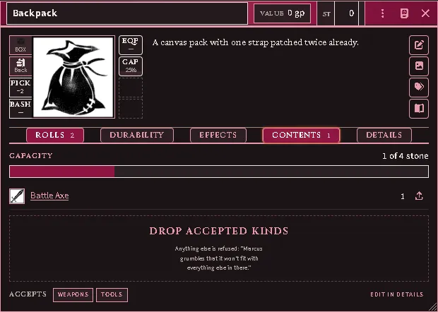 A backpack’s Contents: the capacity bar, the stored gear, and the drop zone that names what it accepts.