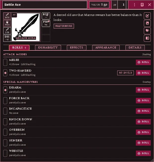 A weapon’s sheet: the band as the window header, the rails around the art, two pinned rolls, and the Rolls tab.