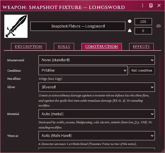 A silvered weapon’s Construction tab: the Silver control, and what the plating buys.