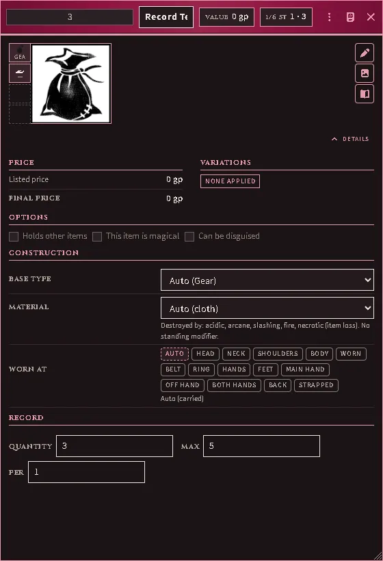 An item’s Details tab: Construction says what it is and where it is worn, and the record below it holds only the quantities.