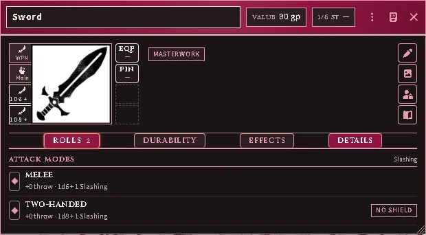 A masterwork Sword’s Rolls tab: the melee row at its own damage, and the two-handed row at the larger die with the masterwork modifier kept.