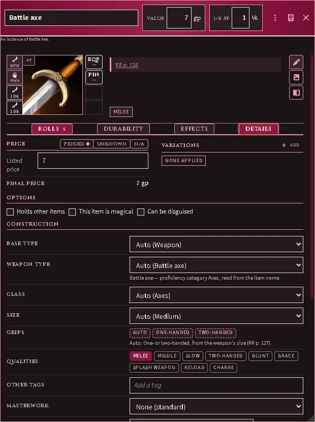 The Details tab armed: under Construction, Auto naming its guess on every drop-down, the grips dashed from the size table and Melee lit from its field, with the masterwork row beneath.