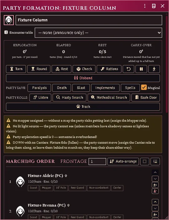 The exploration warnings, including a fallen member the party must carry or leave before it can move.