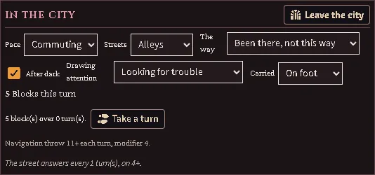 The settlement board: pace, streets, route knowledge, after dark, drawing attention set to looking for trouble, and how the party is carried — with the blocks covered, the navigation throw and the street's own cadence beneath.