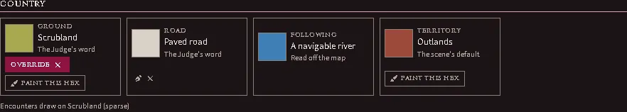 The Country section on your seat: a ground your word overrides, with its chip and clear; a road given where the map says nothing, with its pen mark; a river read off the map; and a territory from the scene’s default, off