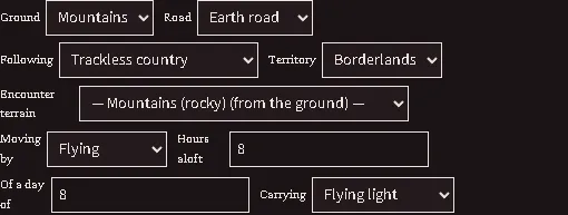 The journey pickers with Moving by set to Flying, showing hours aloft, the length of the day, and the flier's load alongside the ground, road and territory.