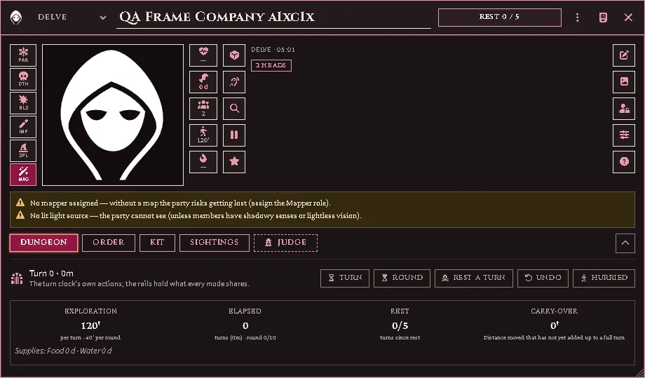 The party sheet in a dungeon: the mode and the rest bar in the title bar, the party’s picture between the rails of saves, figures and quick tools, the warnings it is under, and the Dungeon tab’s own actions at its head.