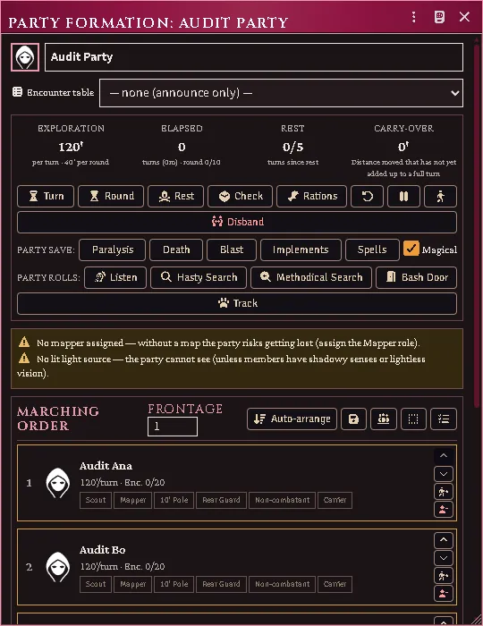 The party sheet’s march controls: frontage, the order, and the save that a form-up restores.