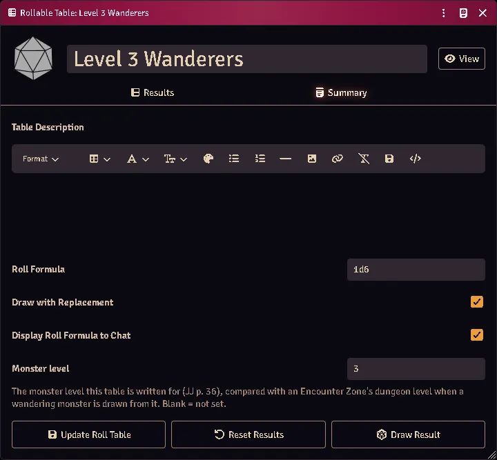 A table’s Summary tab in edit view, its Monster level filled in and saved.