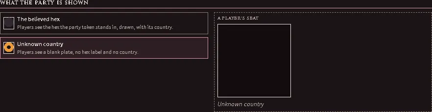What the party is shown, with Unknown country chosen, and the preview of a player’s seat beside it.