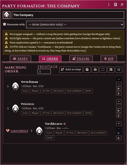 A torchbearer whose token is not linked, down inside the party token: the Order tab offers to leave them, and the column waits for a carrier.