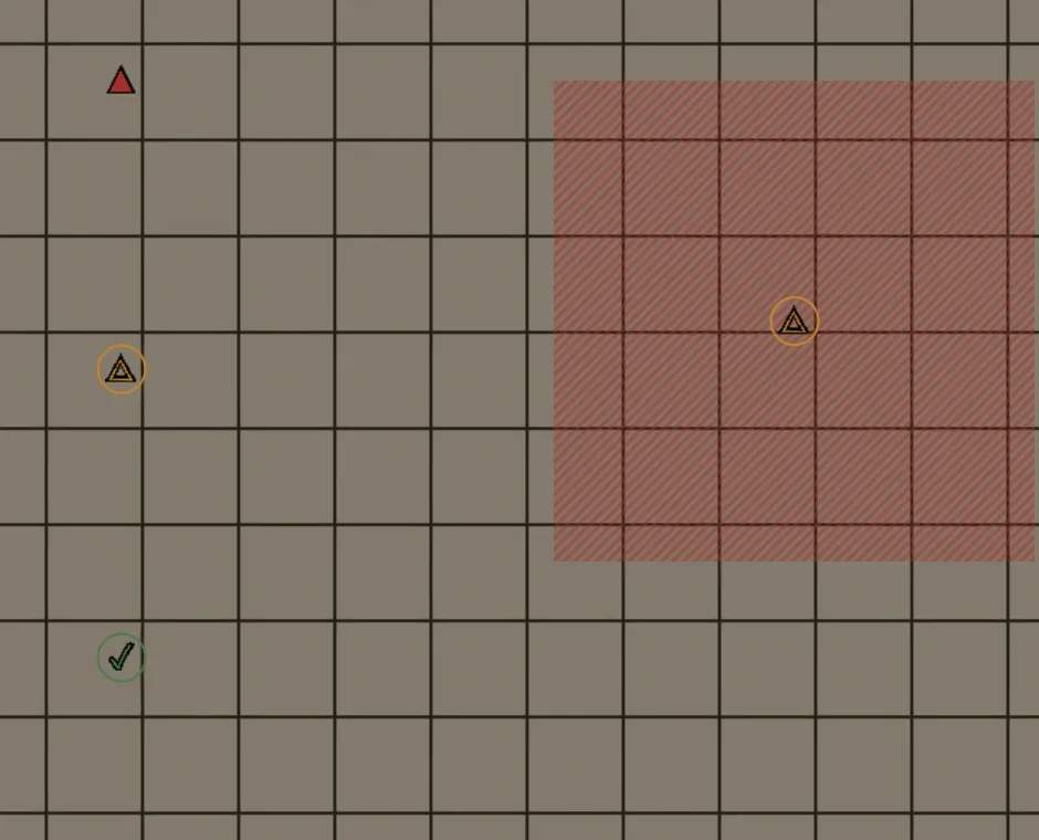 Four traps as the Judge sees them: an armed one still secret (no ring), a spotted one and a disarmed one the party knows about (ringed), and a trap area whose marker sits at its middle.