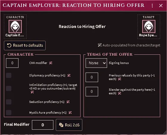 An offer to a specialist whose sheet sets no wage: the signing bonus offers None alone.