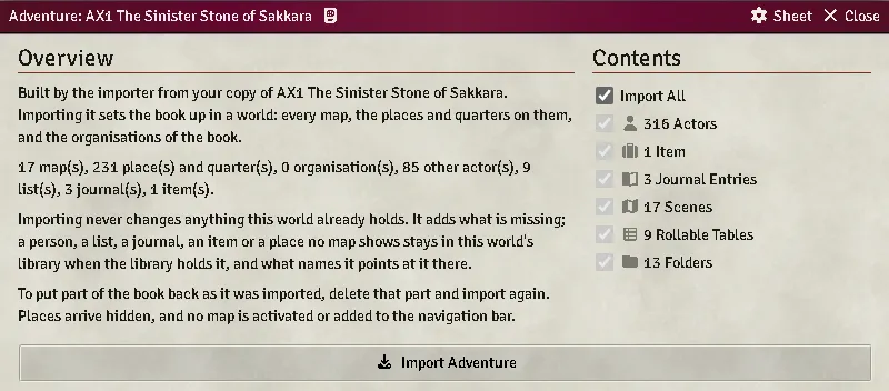 An adventure book’s Adventure in the library, from beneath its title and map: what it carries, counted, and the Import button.