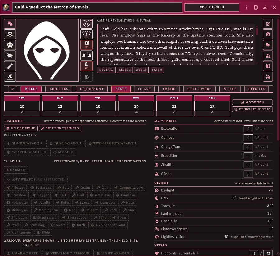 A person written out as labelled lines, as a character on its Stats tab.